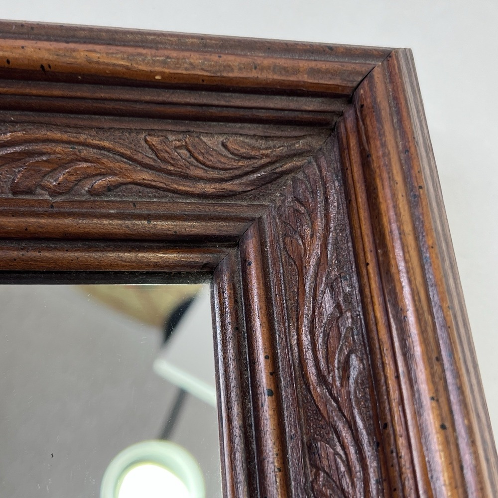 Carved Wood Square Wall Mirror 8x8 Brown Frame Diamond Hang Option - Picture 9 of 13